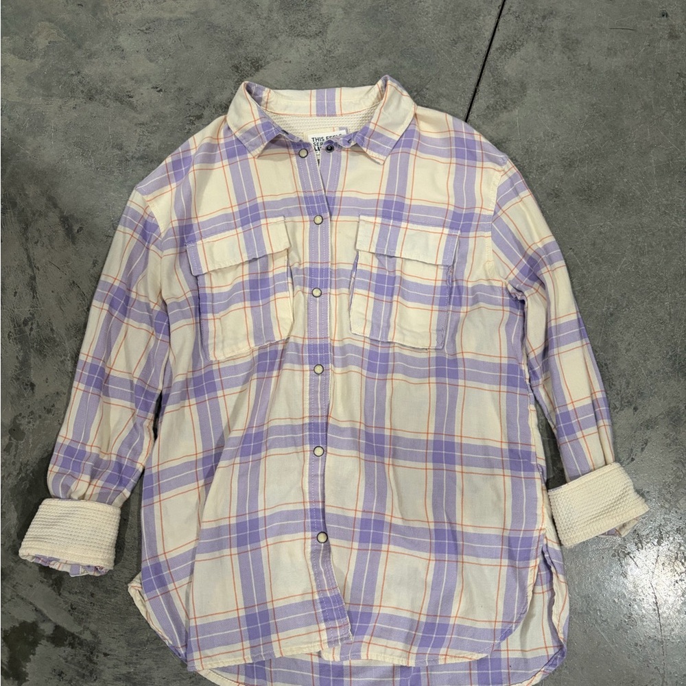 American Eagle Outfitters Cream and Purple Checkered Shirt